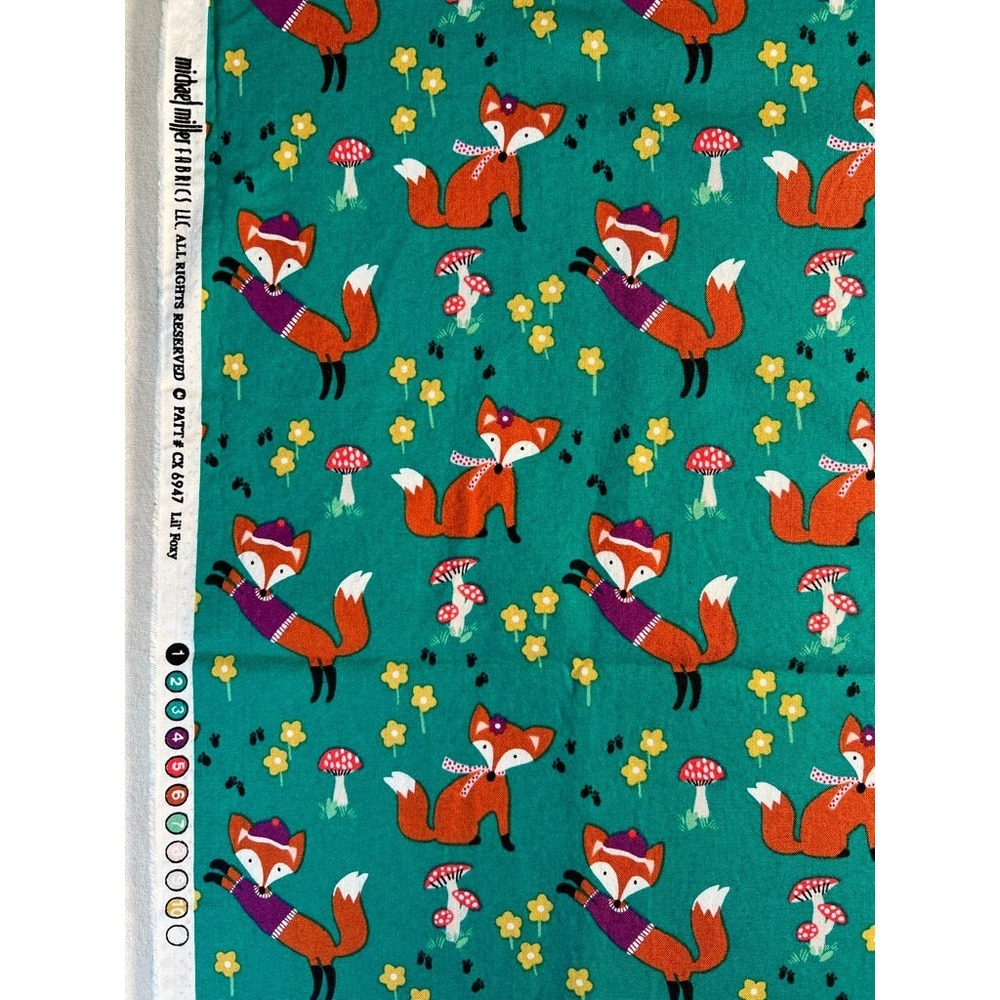 Fabric OOP Michael Miller Teal Lil' Foxy Mushrooms Flowers WASHED Cotton 47x42"W